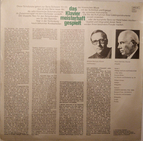 Cover zu Wilhelm Neuhaus, Heinz Schröter, Kölner Kammerorchester, Helmut Müller-Brühl - Das Klavier Meisterhaft Gespielt = Le Piano - Virtuose = Piano Music - Virtuoso | Vinyl | Classical | Germany