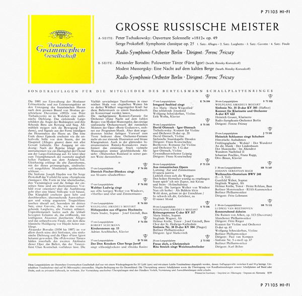 Cover zu Pyotr Ilyich Tchaikovsky ∙ Sergei Prokofiev, Alexander Borodin ∙ Modest Mussorgsky, Ferenc Fricsay - Grosse Russische Meister | 1959 | Vinyl | Classical | Germany