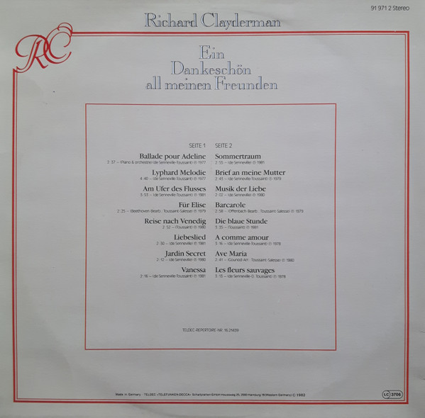Cover zu Richard Clayderman - Ein Dankeschön All Meinen Freunden | 1982 | Vinyl | Classical | Germany Schallplatten Ankauf