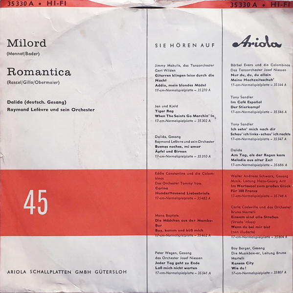 Cover zu Dalida - Milord / Romantica | 1960 | Vinyl | Pop | Germany Schallplatten Ankauf