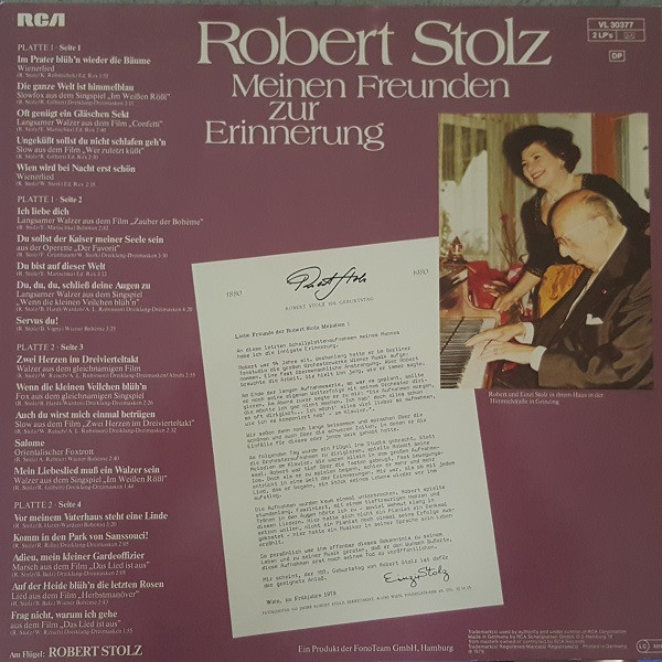 Cover zu Robert Stolz - Meinen Freunden Zur Erinnerung | 1979 | Vinyl | Classical | Germany