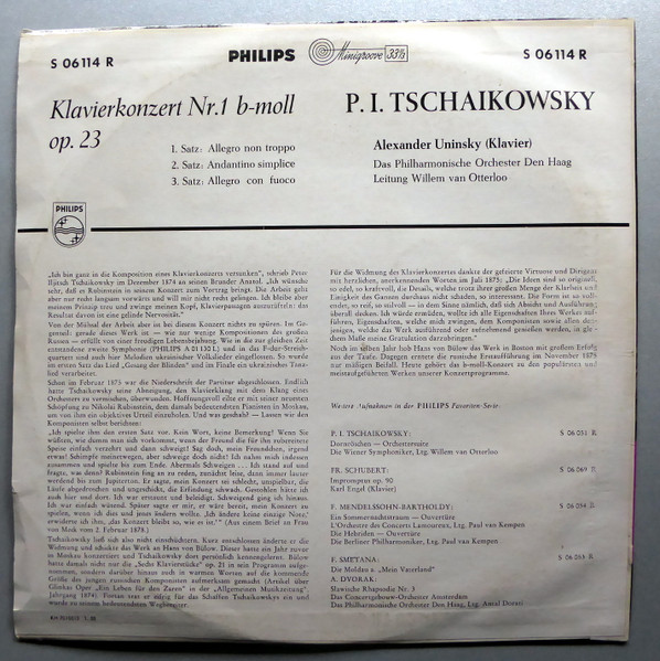 Cover zu Alexander Uninsky, The Hague Philharmonic, Willem Van Otterloo - P. I. Tschaikowsky, Klavierkonzert Nr.1 B-moll Op. 23 | 1956 | Vinyl | Classical | Germany