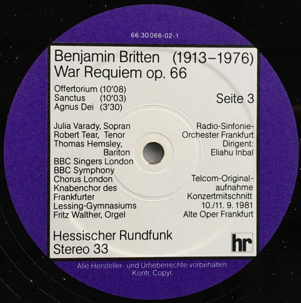 Cover zu Benjamin Britten, Eliahu Inbal, Radio-Sinfonie-Orchester Frankfurt, Iulia Várady, Robert Tear, Thomas Hemsley, BBC Symphony Chorus London - War Requiem | 1981 | Vinyl | Classical | Germany