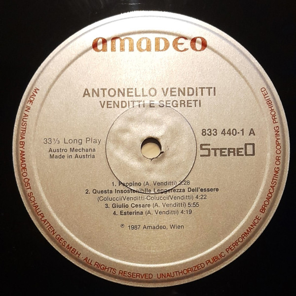 Cover zu Antonello Venditti - Venditti E Segreti | 1987 | Vinyl | Rock | Austria Schallplatten Ankauf