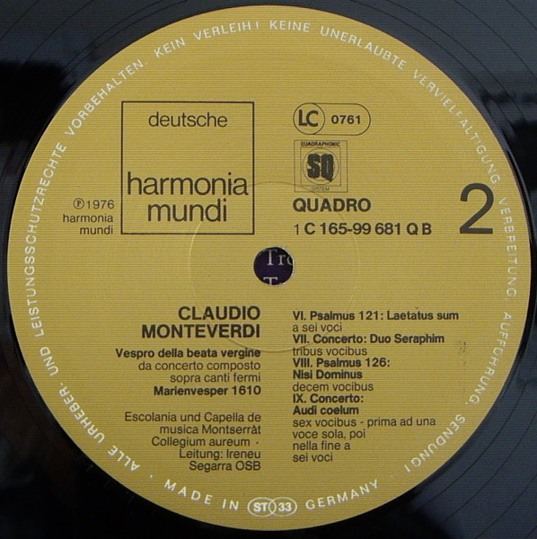Cover zu Claudio Monteverdi – Escolanía De Montserrat, Collegium Aureum, Ireneu Segarra OSB - Vespro Della Beata Vergine | 1976 | Vinyl | Classical | Germany