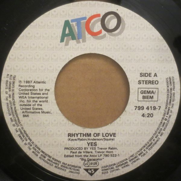 Cover zu Yes - Rhythm Of Love | 1987 | Vinyl, 45 RPM, 7