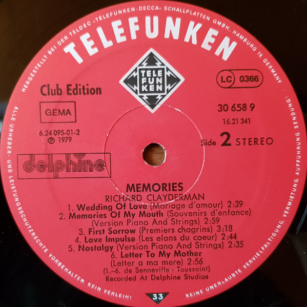Cover zu Richard Clayderman - Memories - Erinnerungen | 1979 | Vinyl | Pop | Germany Schallplatten Ankauf