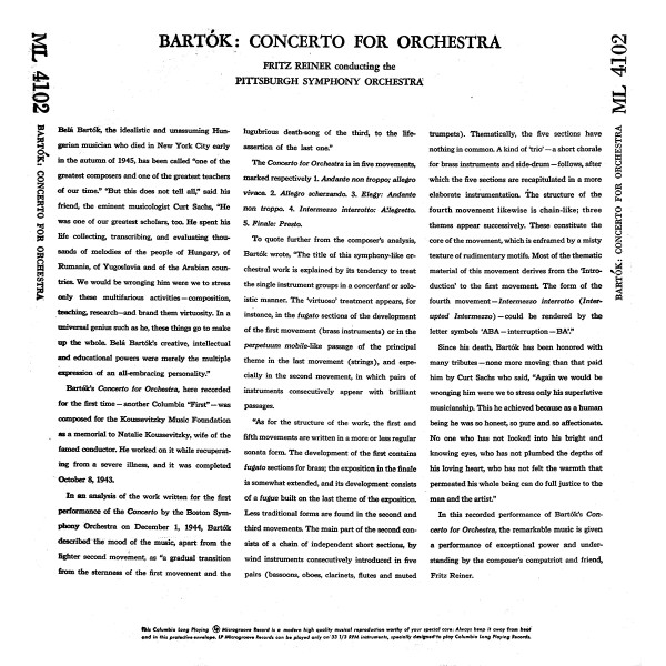 Cover zu Béla Bartók, Fritz Reiner, Pittsburgh Symphony Orchestra - Concerto For Orchestra | 1950 | Vinyl, LP | Classical | US
