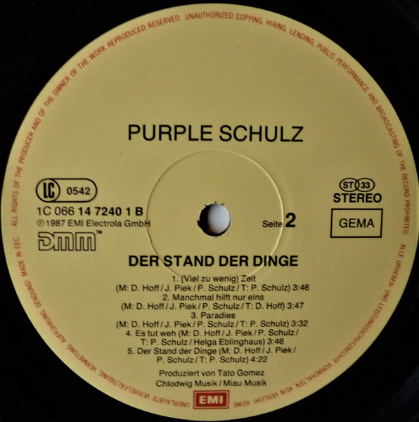 Cover zu Purple Schulz - Der Stand Der Dinge | 1987 | Vinyl | Pop | Germany Schallplatten Ankauf