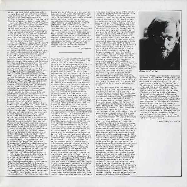 Cover zu Álvarez Klavierquartett, Darius Milhaud / Robert Schumann - Suite De Concert De La Création Du Monde D-Dur Für Klavier Und Streichquartett / Klavierquartett C-Moll | 1980 | Vinyl | Classical Schallplatten Ankauf