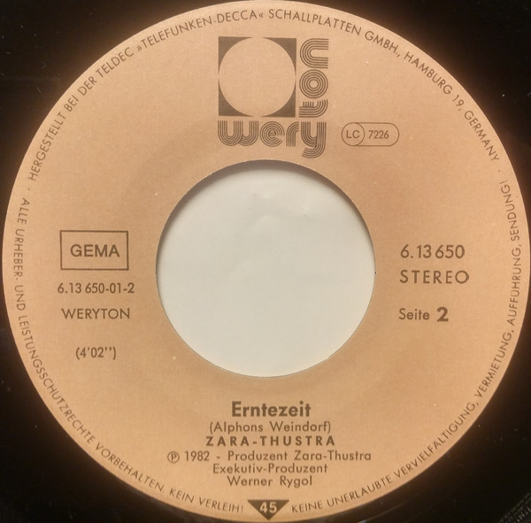 Cover zu Zara-Thustra - Eiskalt | 1982 | Vinyl, 45 RPM, Promo, 7