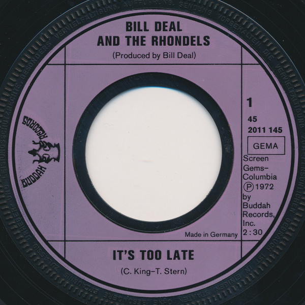 Cover zu Bill Deal & the Rondells - It's Too Late | 1972 | Vinyl | Rock | Germany Schallplatten Ankauf