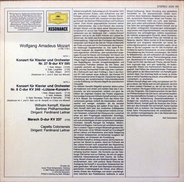 Cover zu Wolfgang Amadeus Mozart, Berliner Philharmoniker, Ferdinand Leitner - Klavierkonzert Nr. 8 C-dur KV 246 / Klavierkonzert Nr. 27 B-dur KV 595 | Vinyl | Classical | Germany Schallplatten Ankauf