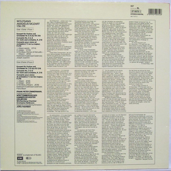 Cover zu Wolfgang Amadeus Mozart, Frank Peter Zimmermann, Württembergisches Kammerorchester, Jörg Faerber - Violinkonzerte = Violin Concertos No. 3 G-dur KV 216 · No. 5 A-dur KV 219 | 1984 Schallplatten Ankauf