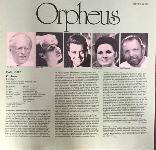 Cover zu Claudio Monteverdi, Carl Orff - Lucia Popp, Rose Wagemann, Hermann Prey, Karl Ridderbusch, Chor Des Bayerischen Rundfunks und Münchner Rundfunkorchester, Kurt Eichhorn - Orpheus | 1975