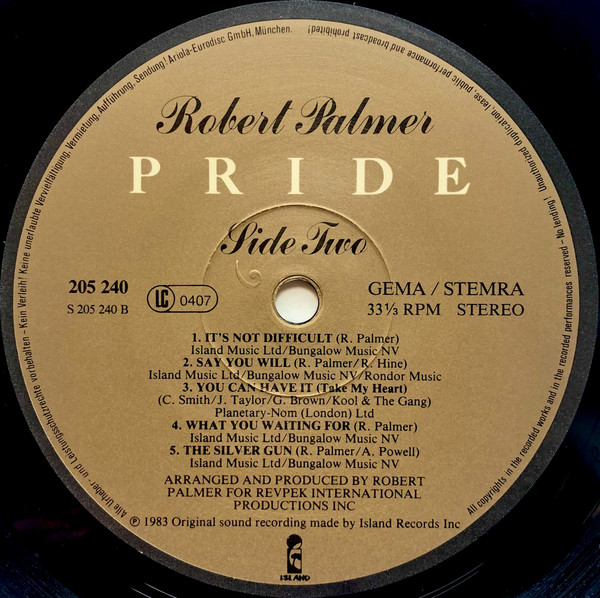 Cover zu Robert Palmer - Pride | 1983 | Vinyl | Rock | Europe