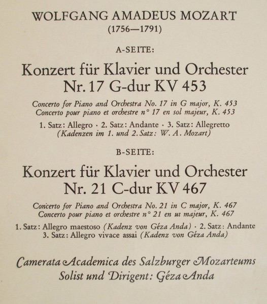 Cover zu Wolfgang Amadeus Mozart - Camerata Academica Salzburg, Géza Anda - Klavierkonzerte G-Dur KV 453 ・C-Dur KV 467 | Vinyl | Classical | Germany
