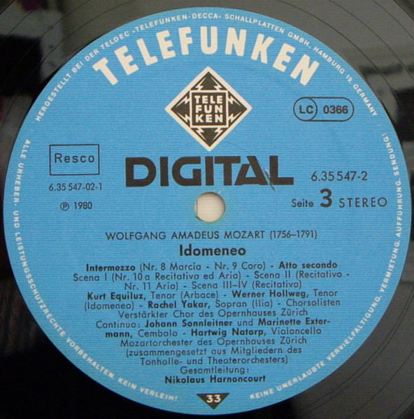 Cover zu Wolfgang Amadeus Mozart, Werner Hollweg, Trudeliese Schmidt, Rachel Yakar, Felicity Palmer, Kurt Equiluz, Robert Tear, Simon Estes, Mozartorchester Des Opernhauses Zürich & Chor der Oper Zürich, Nikolaus Harnoncourt - Idomeneo | 1980 | Vinyl | Classical | Germany