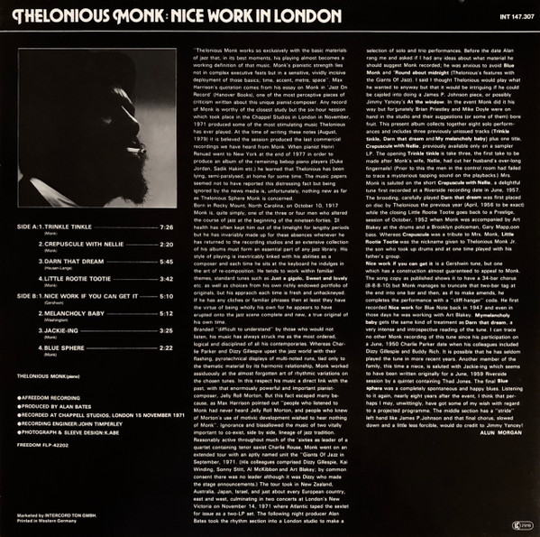 Cover zu Thelonious Monk - Nice Work In London | 1981 | Vinyl | Jazz | Germany Schallplatten Ankauf