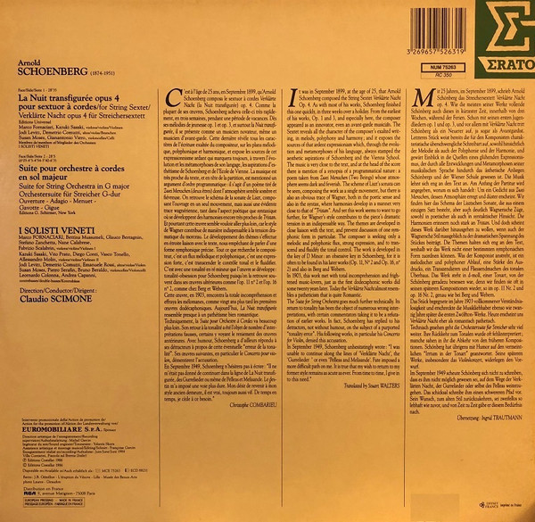 Cover zu Arnold Schoenberg, I Solisti Veneti, Claudio Scimone - Verklärte Nacht Op. 4 = La Nuit Transfigurée / Suite Pour Cordes En Sol Majeur =G Major = G Dur | 1986 | Vinyl | Classical | France