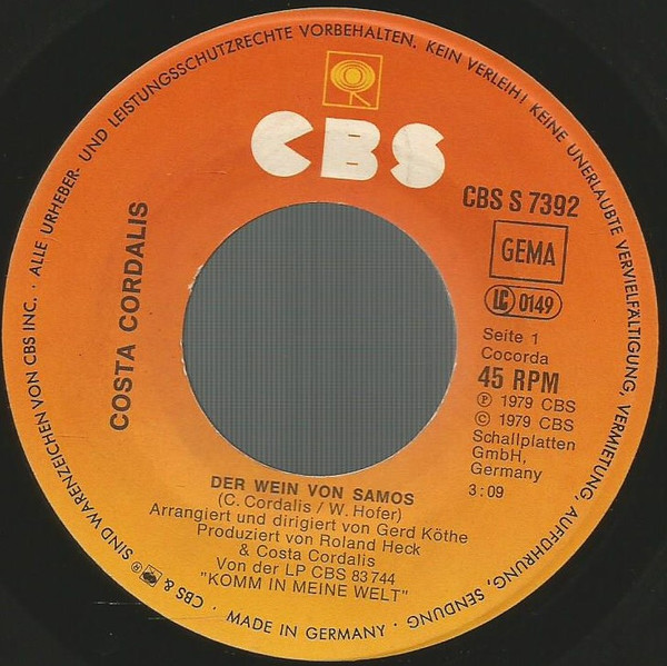 Cover zu Costa Cordalis - Der Wein Von Samos | 1979 | Vinyl | Pop | Germany Schallplatten Ankauf