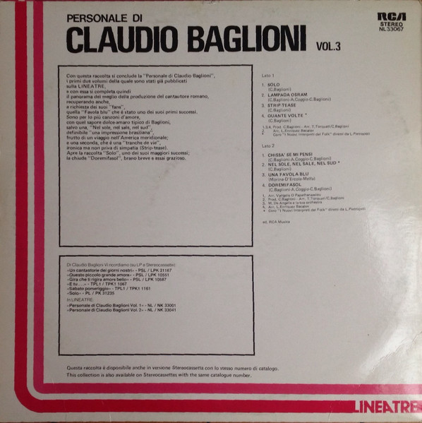 Cover zu Claudio Baglioni - Personale Di Claudio Baglioni Vol. 3 | 1978 | Vinyl | Pop | Italy Schallplatten Ankauf