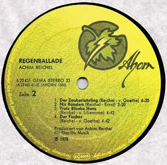 Cover zu Achim Reichel - Regenballade | 1979 | Vinyl | Electronic, Rock, Non-Music | Germany