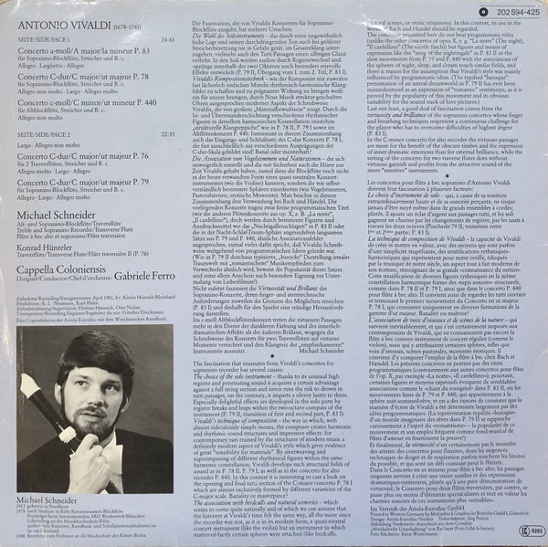 Cover zu Antonio Vivaldi - Michael Schneider (2), Cappella Coloniensis, Gabriele Ferro - Flötenkonzerte | 1984 | Vinyl, LP | Classical | Germany