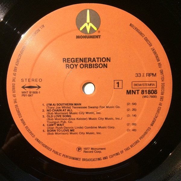 Cover zu Roy Orbison - Regeneration | 1977 | Vinyl | Rock | Netherlands Schallplatten Ankauf