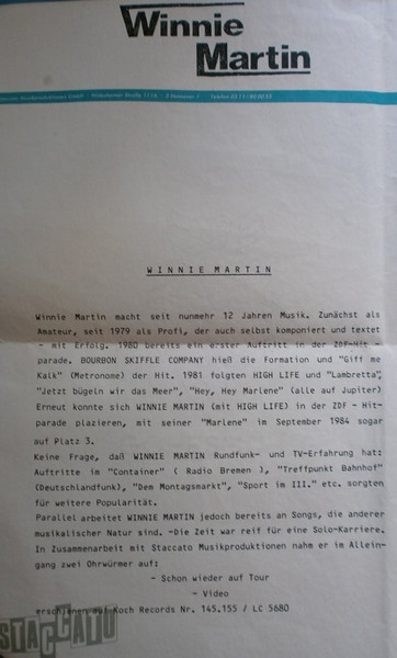Cover zu Winnie Martin - Schon Wieder Auf Tour / Video | 1985 | Vinyl | Rock | Germany
