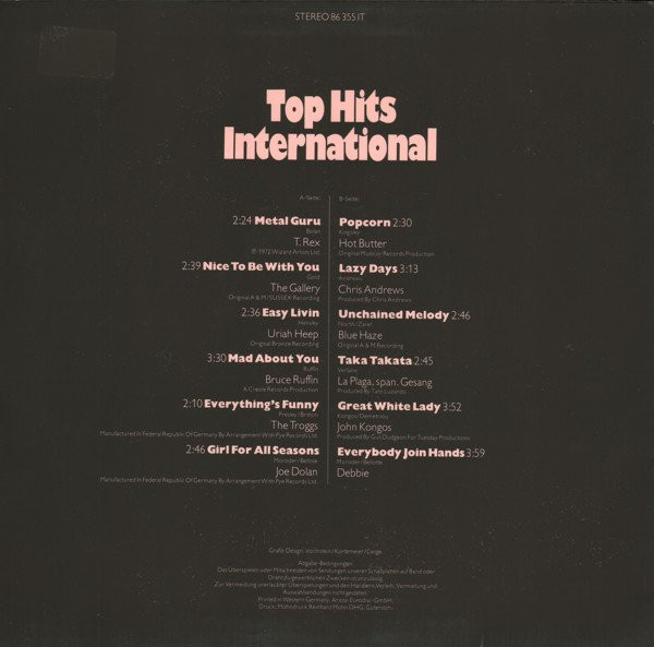 Cover zu Various - Top Hits International | 1972 | Vinyl | Rock, Reggae, Latin, Pop, Folk, World, & Country | Germany Schallplatten Ankauf