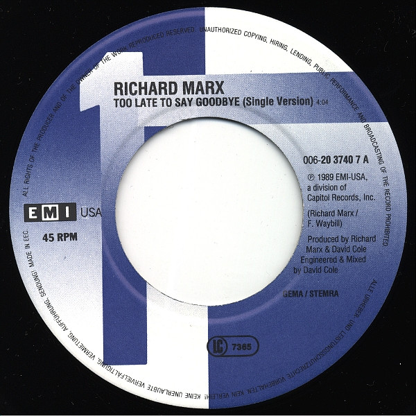 Cover zu Richard Marx - Too Late To Say Goodbye | 1989 | Vinyl | Rock | Europe