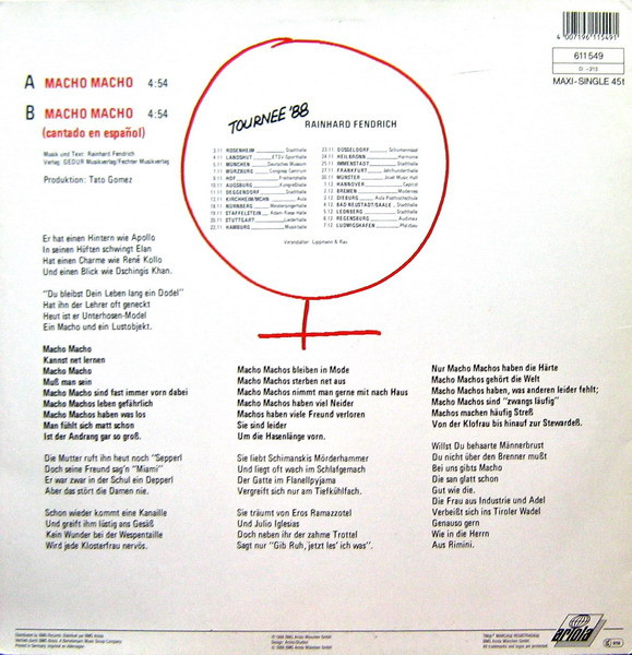 Cover zu Rainhard Fendrich - Macho Macho | 1988 | Vinyl | Pop | Germany Schallplatten Ankauf