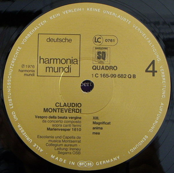 Cover zu Claudio Monteverdi – Escolanía De Montserrat, Collegium Aureum, Ireneu Segarra OSB - Vespro Della Beata Vergine | 1976 | Vinyl | Classical | Germany