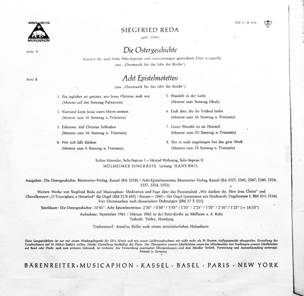 Cover zu Siegfried Reda - Esther Himmler, Herrad Wehrung, Mülheimer Singkreis Leitung: Hans Bril - Die Ostergeschichte / Acht Epistelmotetten | Vinyl | Classical | Germany Schallplatten Ankauf