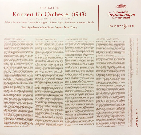 Cover zu Béla Bartók, Ferenc Fricsay - Konzert Für Orchester (1943) | 1958 | Vinyl | Classical | Germany