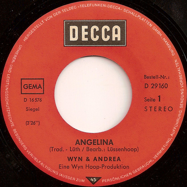 Cover zu Wyn & Andrea - Angelina / Mach's Wie Der Clown | 1972 | Vinyl | Pop | Germany Schallplatten Ankauf