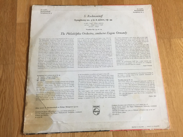 Cover zu Sergei Vasilyevich Rachmaninoff, Eugene Ormandy, The Philadelphia Orchestra - Symphony No. 3 In A Minor Op. 44 • Vocalise Op. 34, No. 14 | Vinyl | Classical | Netherlands Schallplatten Ankauf