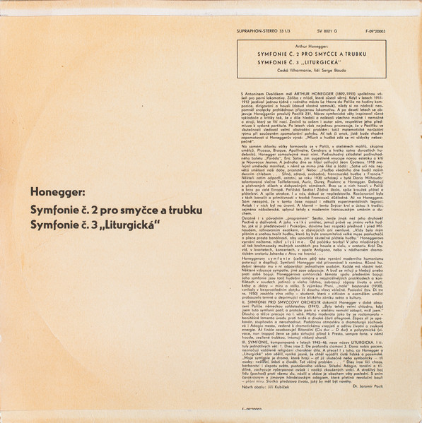 Cover zu Arthur Honegger, The Czech Philharmonic Orchestra, Serge Baudo - Symfonie č. 2 - Symfonie č. 3 Liturgická | Vinyl | Classical | Czechoslovakia Schallplatten Ankauf