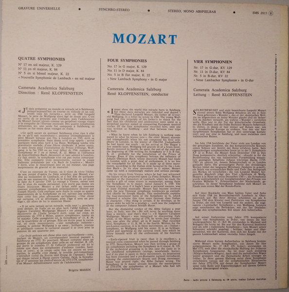 Cover zu Wolfgang Amadeus Mozart, Camerata Academica Salzburg, René Klopfenstein - Symphonien Nr.5 - Nr.11 - Nr.17