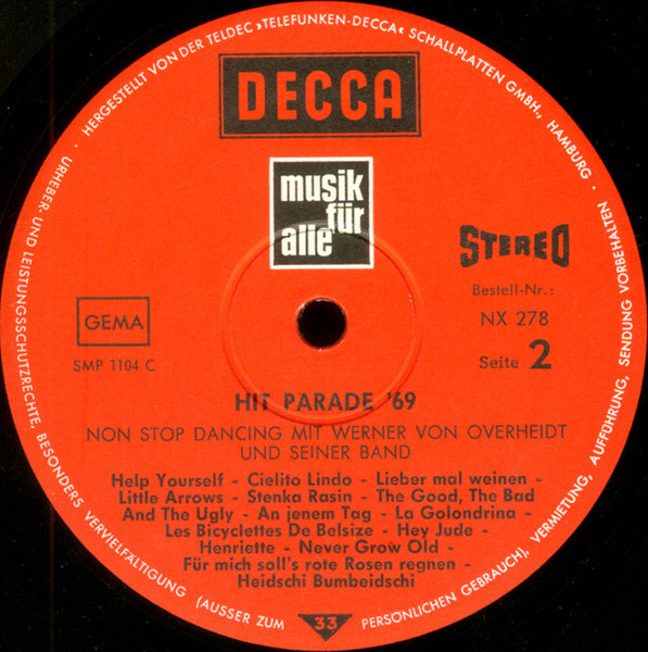 Cover zu Werner von Overheidt Und Seine Band - Hit Parade '69 - Non Stop Dancing | 1969 | Vinyl | Pop | Germany Schallplatten Ankauf