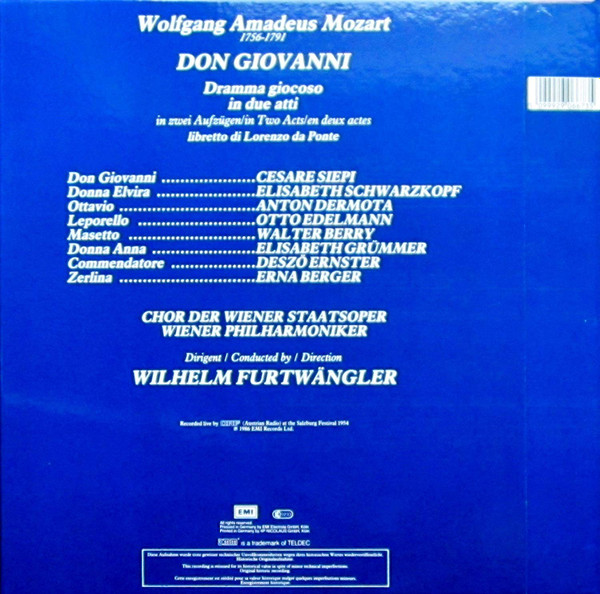 Cover zu Wolfgang Amadeus Mozart - Cesare Siepi, Wiener Philharmoniker, Wilhelm Furtwängler, Lorenzo Da Ponte - Don Giovanni (Dramma Giocoso) | 1986 | Vinyl | Classical | Germany Schallplatten Ankauf