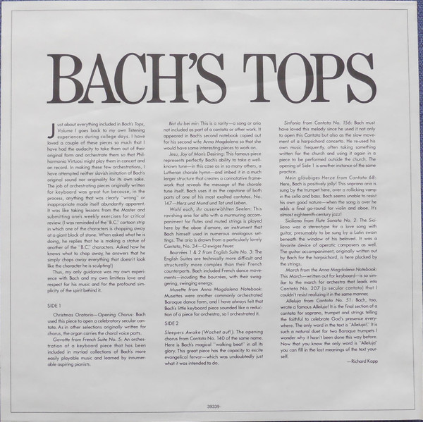 Cover zu Richard Kapp, Philharmonia Virtuosi - Bach's Tops Volume 1 | 1984 | Vinyl | Classical | US