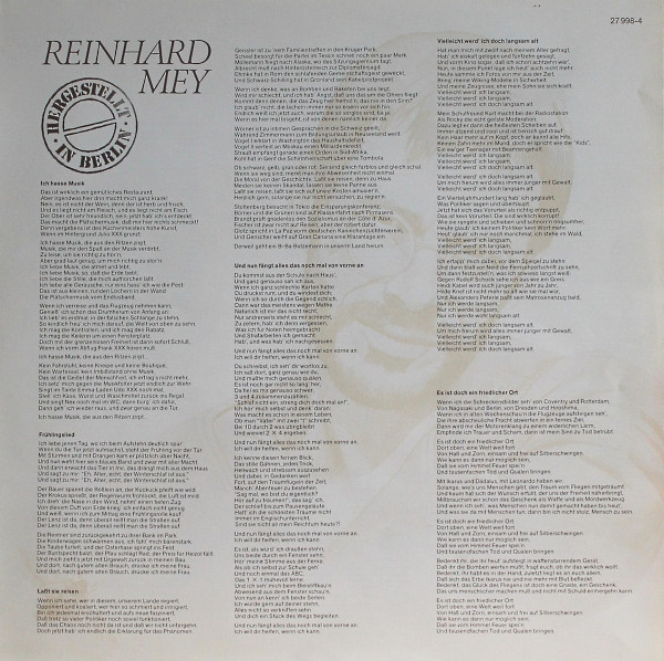 Cover zu Reinhard Mey - Hergestellt In Berlin | 1985 | Vinyl | Pop, Folk, World, & Country | Germany