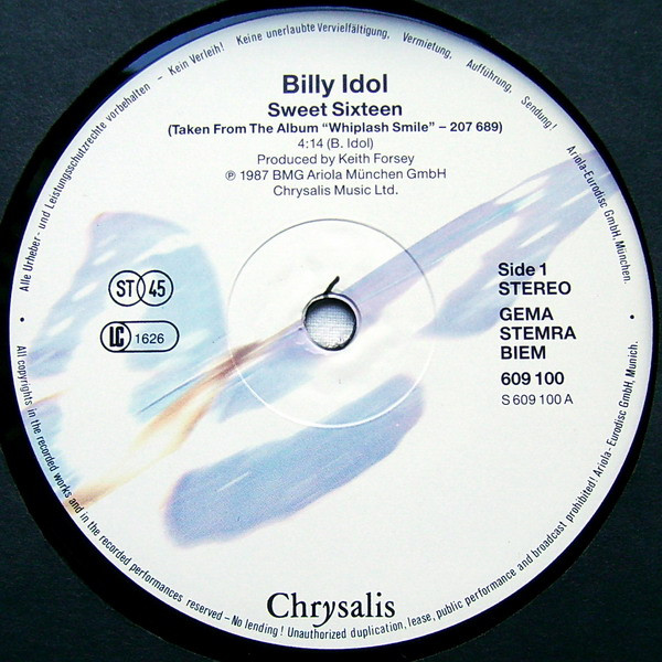 Cover zu Billy Idol - Sweet Sixteen | 1987 | Vinyl | Rock | Europe