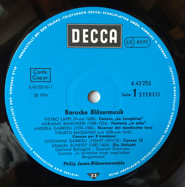 Cover zu Philip Jones Brass Ensemble, Andrea Gabrieli, Samuel Scheidt, Matthew Locke, Anthony Holborne - Barocke Bläsermusik | 1977 | Vinyl, LP, Stereo | Classical | Germany