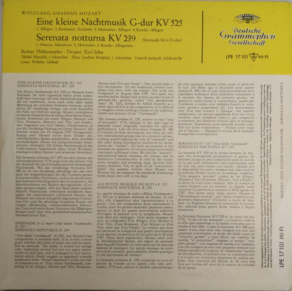 Cover zu Wolfgang Amadeus Mozart - Berliner Philharmoniker, Karl Böhm - Eine Kleine Nachtmusik G-dur KV 525 / Serenata Notturna KV 239 | 1958 | Vinyl | Classical | Germany