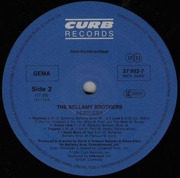 Cover zu Bellamy Brothers - Restless | 1984 | Vinyl | Rock, Folk, World, & Country | Germany Schallplatten Ankauf