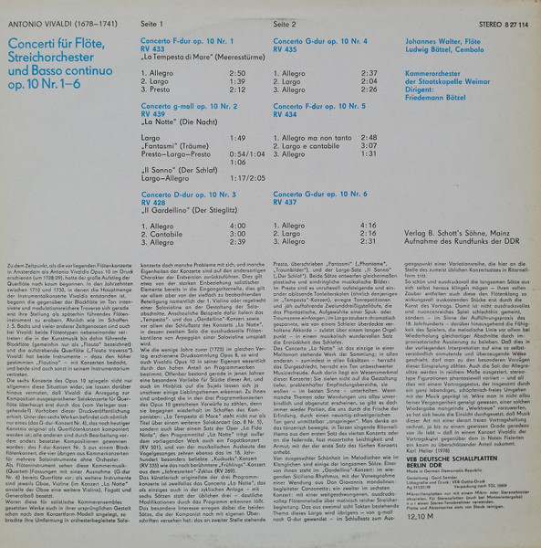 Cover zu Antonio Vivaldi - Johannes Walter (2), Kammerorchester Der Staatskapelle Weimar, Friedemann Bätzel - Flötenkonzerte Op. 10 | 1978 | Vinyl | Classical | German Democratic Republic (GDR) Schallplatten Ankauf