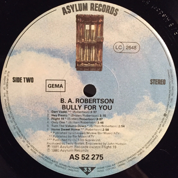 Cover zu B. A. Robertson - Bully For You | 1981 | Vinyl | Rock, Pop | Germany